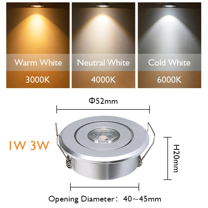 Mini Dimmable LED Recessed Downlight 1W 3W 52mm 45° CRI 80+ IP52 AC 85-265V 6 Pack