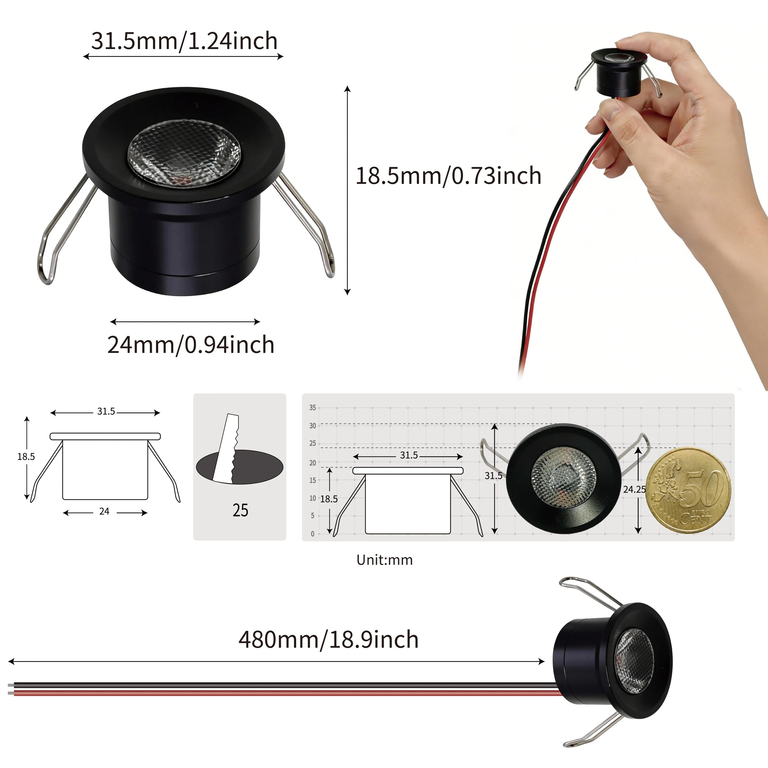 IP65 Mini LED Recessed Downlight 2W DC 12V 25mm Cutout 60 Degree Aluminum Silver Nickel Finish Cabinet Stair RV Caravan