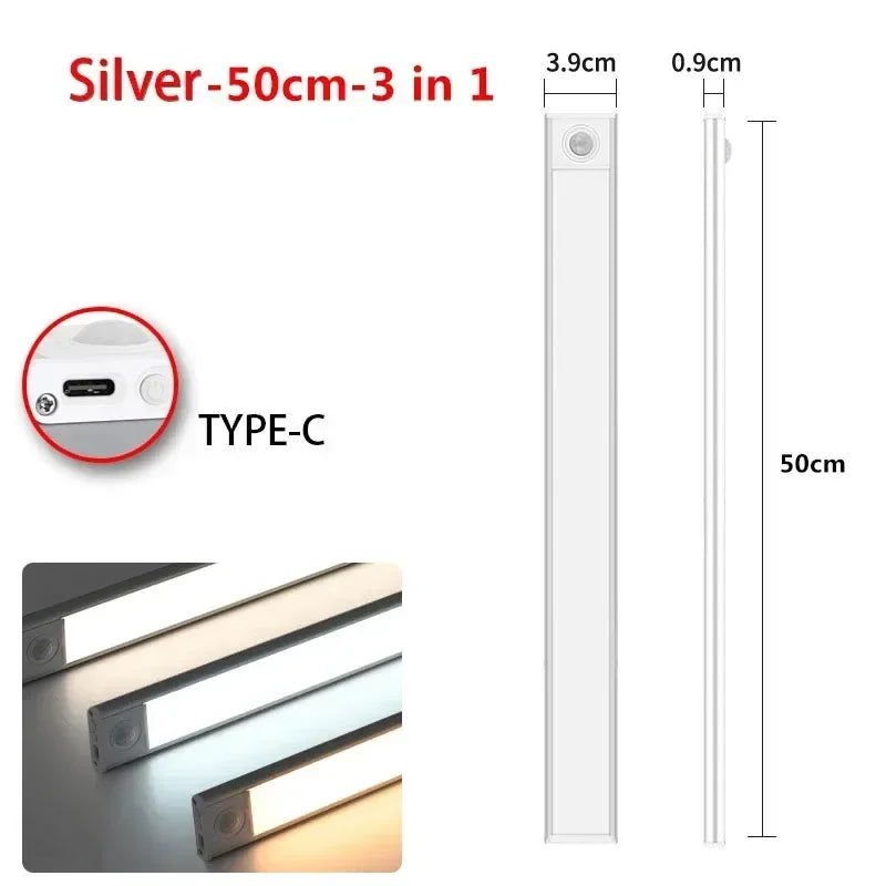 Ultra Thin Rechargeable LED Under Cabinet Light Motion Sensor 54 LED 3 Color Temperatures Stepless Dimming Magnetic Mount Type-C 20cm to 60cm