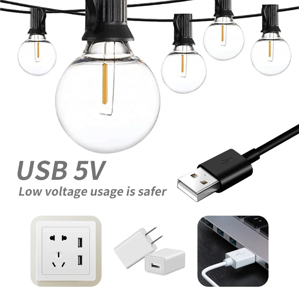 USB G40 LED String Light 1W 180lm/Bulb IP44 Warm White 25ft 50ft 100ft Patio Wedding