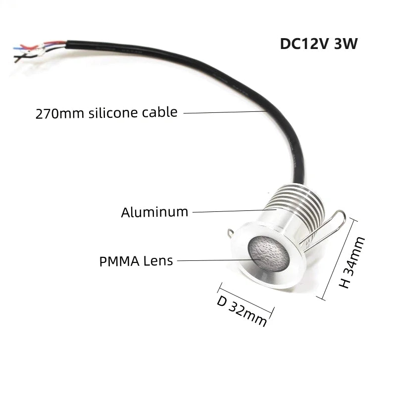 IP65 RGB Mini LED Recessed Spotlight 3W DC 12V 27mm Cutout 30 Degree Brushed Stainless Aluminum PWM Dimmable Stair Ceiling RV