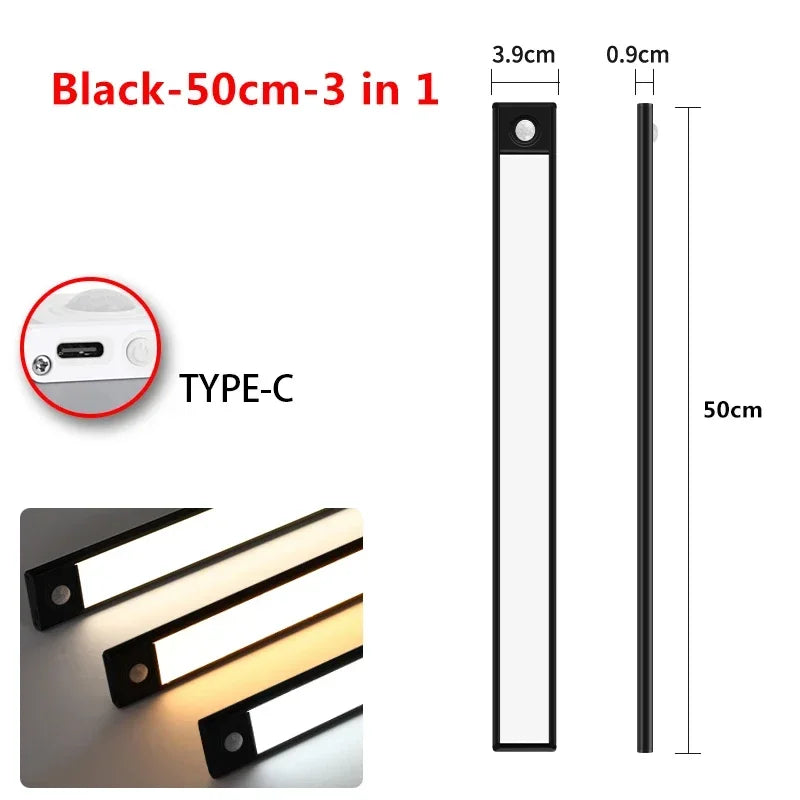 Ultra Thin Rechargeable LED Under Cabinet Light Motion Sensor 54 LED 3 Color Temperatures Stepless Dimming Magnetic Mount Type-C 20cm to 60cm