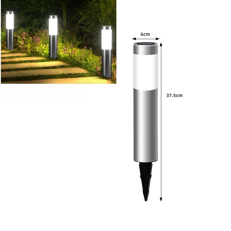 Solar LED Cylindrical Pathway Lawn Light IP65 Waterproof Stainless Steel Plastic Polycrystalline Panel Garden Walkway 2 Sizes