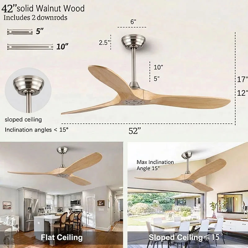 42 52 60 Inch Solid Wood Ceiling Fan No Light Remote Control 6-Speed DC Motor 85-265V