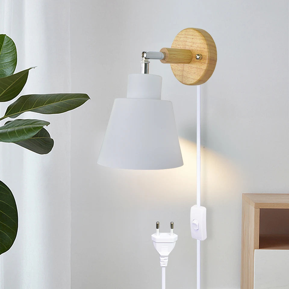Nordic Wooden E26 E27 Wall Lamp 350-Degree Rotatable 6 Colors EU UL Plug Bedroom Living Room
