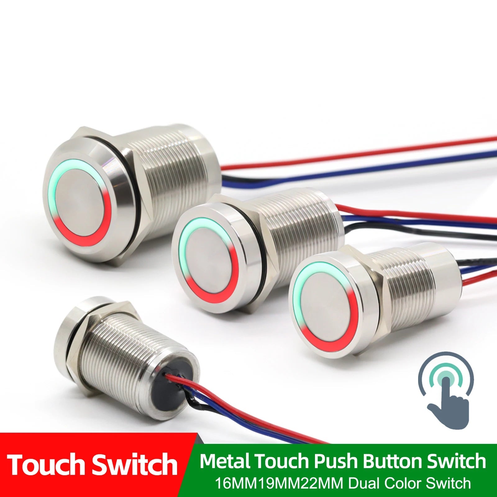 IP68 IP69K Capacitive Touch Push Button Switch 16mm 18mm 22mm 5V 12V 24V DC Momentary or Latching Red Green Bicolor LED Plastic