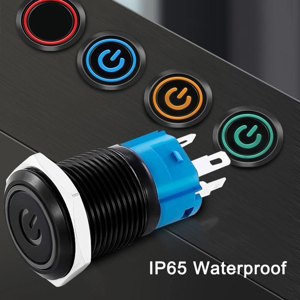 IP65 Waterproof Illuminated Metal Push Button Switch 16mm 19mm 22mm 3A Momentary or Latching LED 3-220V Black Aluminum Alloy 1NO1NC