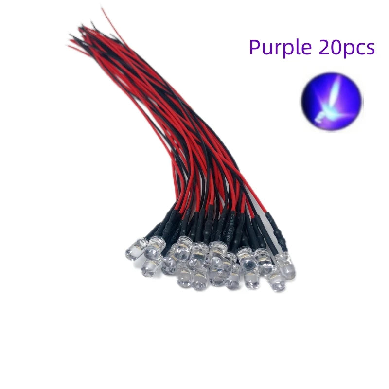 5mm Pre-Wired LED Diode 5V to 12V DC Water Clear Round Through Hole Red Green Blue White Yellow Orange Purple 20 Pack