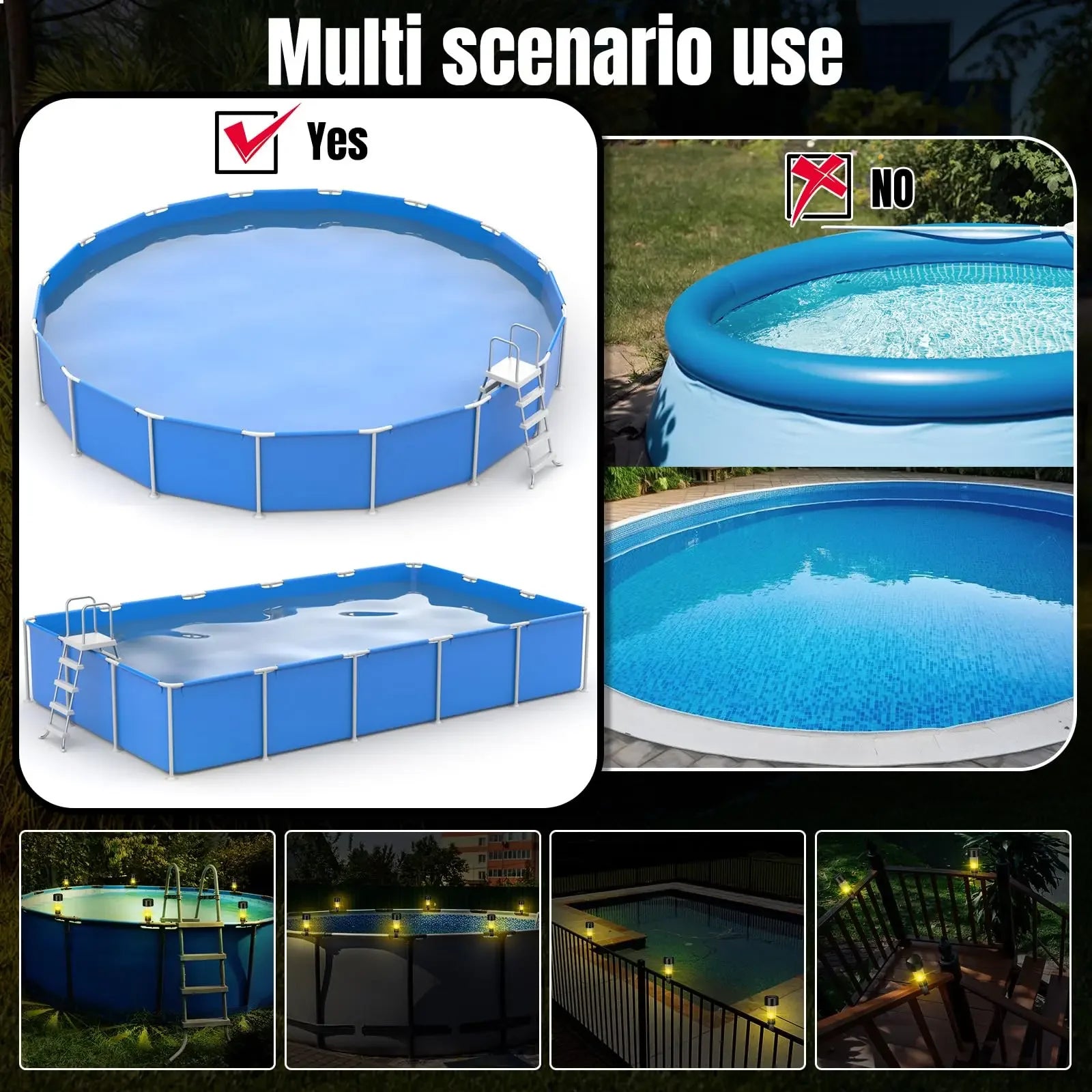 Solar LED Pool Railing Light IP44 Multi Color Auto Dusk to Dawn Adjustable Strap Mount Outdoor Garden Fence Path 6 Pack