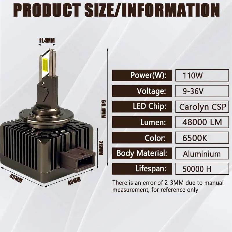 D1S D2S D3S D4S D5S D8S LED Headlight Bulb 110W 6500K E-Mark CE DC 12V HID Replacement