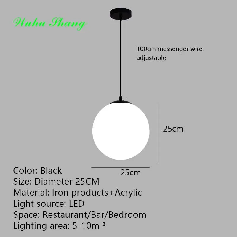 Frosted Acrylic Ball Pendant Light Milky White E27 8-35cm 100cm Cord AC 110-240V Scandinavian