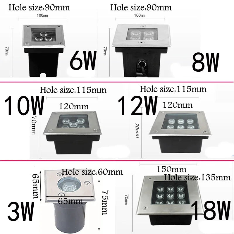 IP68 Stainless Steel LED Underground Buried Light 3W-18W 100-120lm/W AC 85-265V DC 12V 6-Color