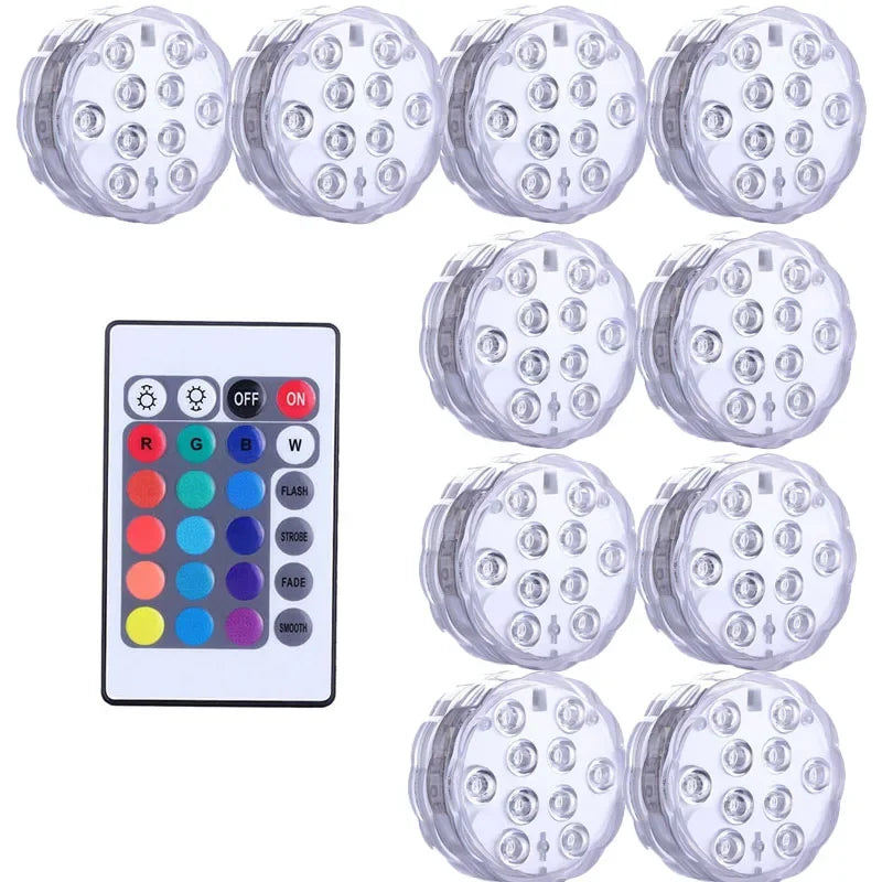 IP68 Submersible LED Pool Light 10 LED RGB 16 Colors Remote Control Battery Powered 2.4W Vase Fish Tank Pond Party 7x7x2.8cm
