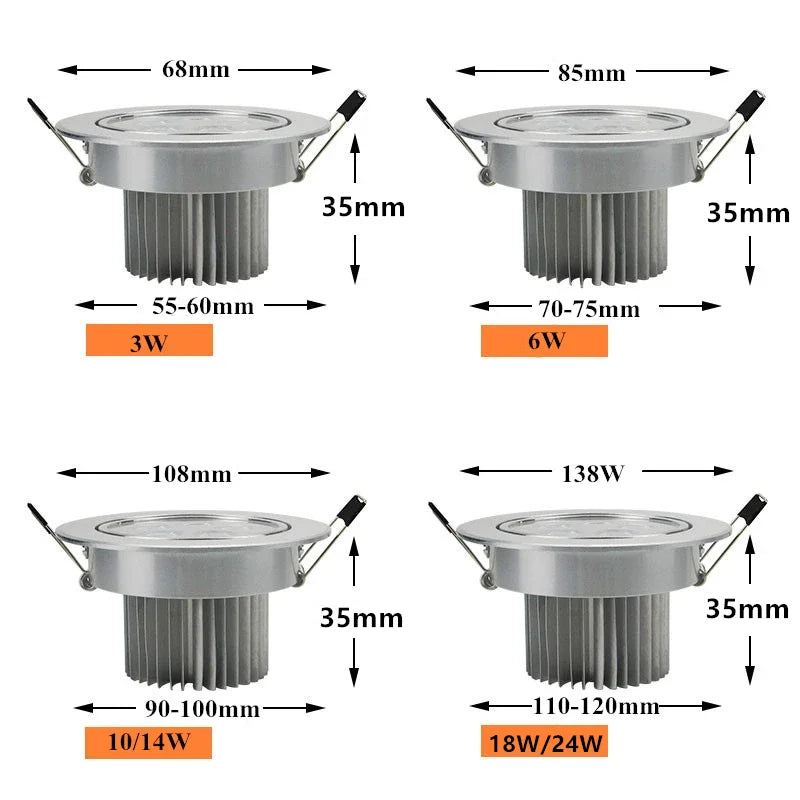 COB LED Recessed Downlight 3W 6W 10W 14W 18W 24W CRI 95 120 Degree IP52 Die Cast Aluminum Dimmable Driver Included AC 85-265V Warm White Natural White Cool White