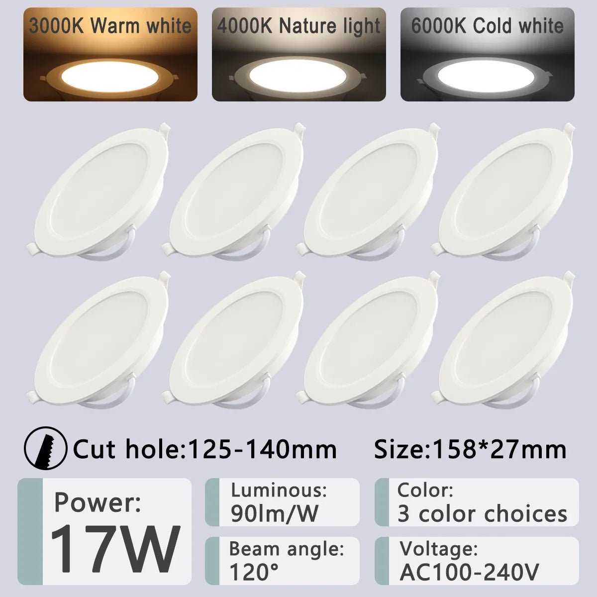 8-Pack LED Recessed Downlight 3 4 5 6 8 Inch 3-CCT 3000K 4000K 6000K AC 110-240V Round
