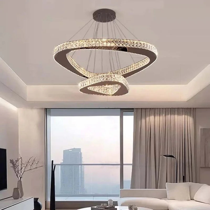 Modern Crystal LED Chandelier Stainless Steel Polished Cord Pendant Remote Control Dimmable AC 90-265V Villa Living Room Staircase