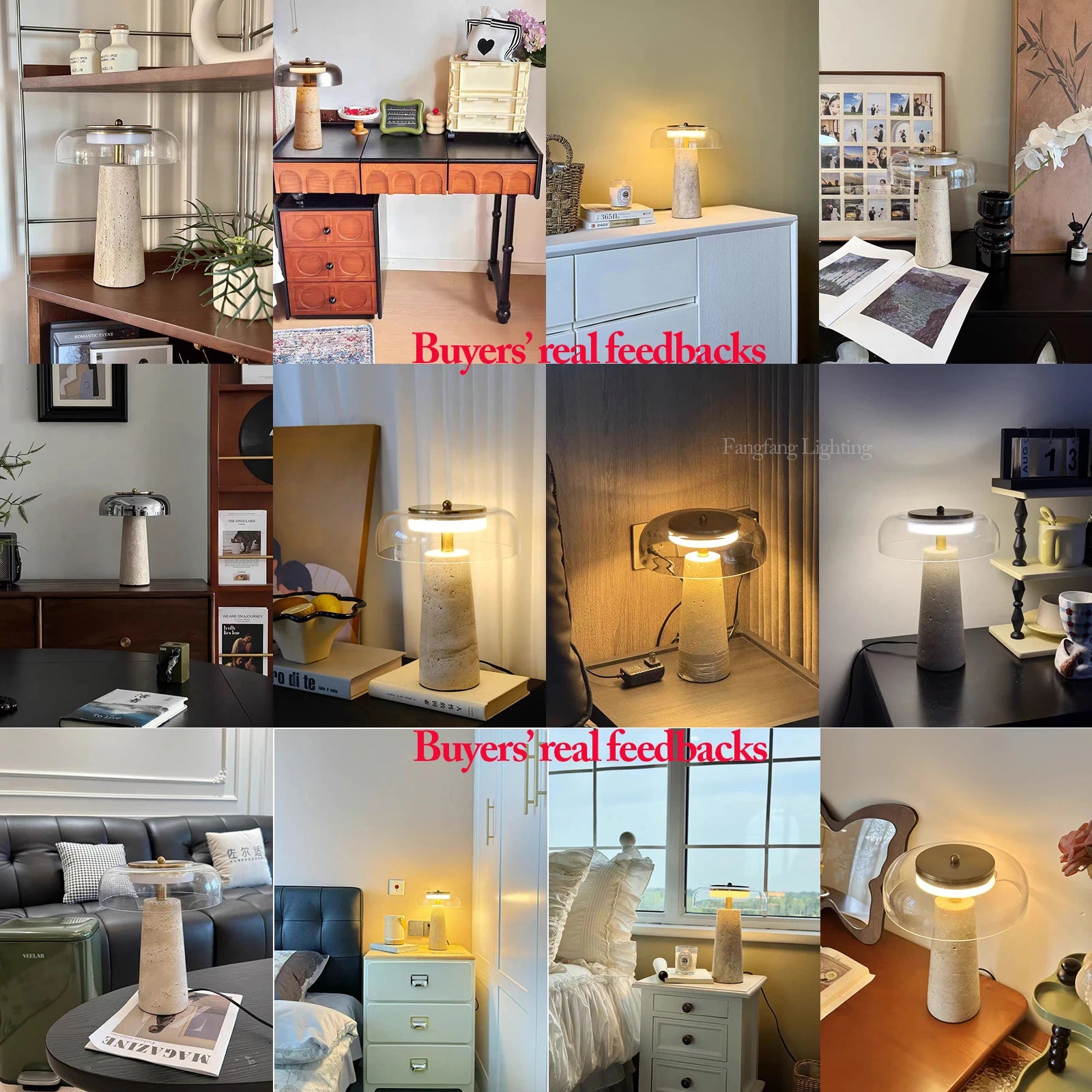 Mushroom Travertine Natural Stone Table Lamp 12W LED Glass Acrylic Shade AC 85-265V