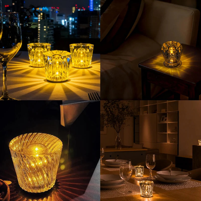 Crystal LED Rechargeable Table Lamp Touch Switch 3 Brightness Modes Type C USB 5V Warm White Bedroom Bedside Bar