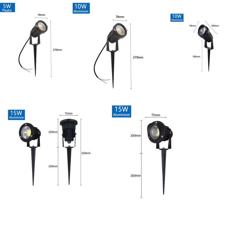 LED Garden Lawn Spike Light 5W 10W 15W 20W IP65 90-120lm/W AC 85-265V DC 12-24V Warm Cool RGB