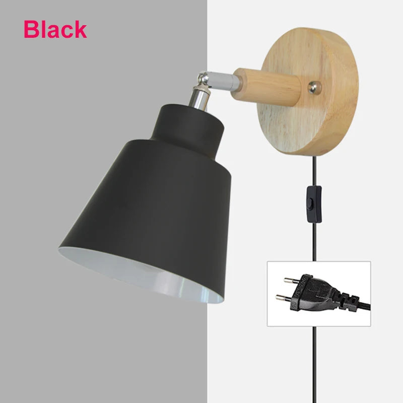 Nordic Wooden E26 E27 Wall Lamp 350-Degree Rotatable 6 Colors EU UL Plug Bedroom Living Room
