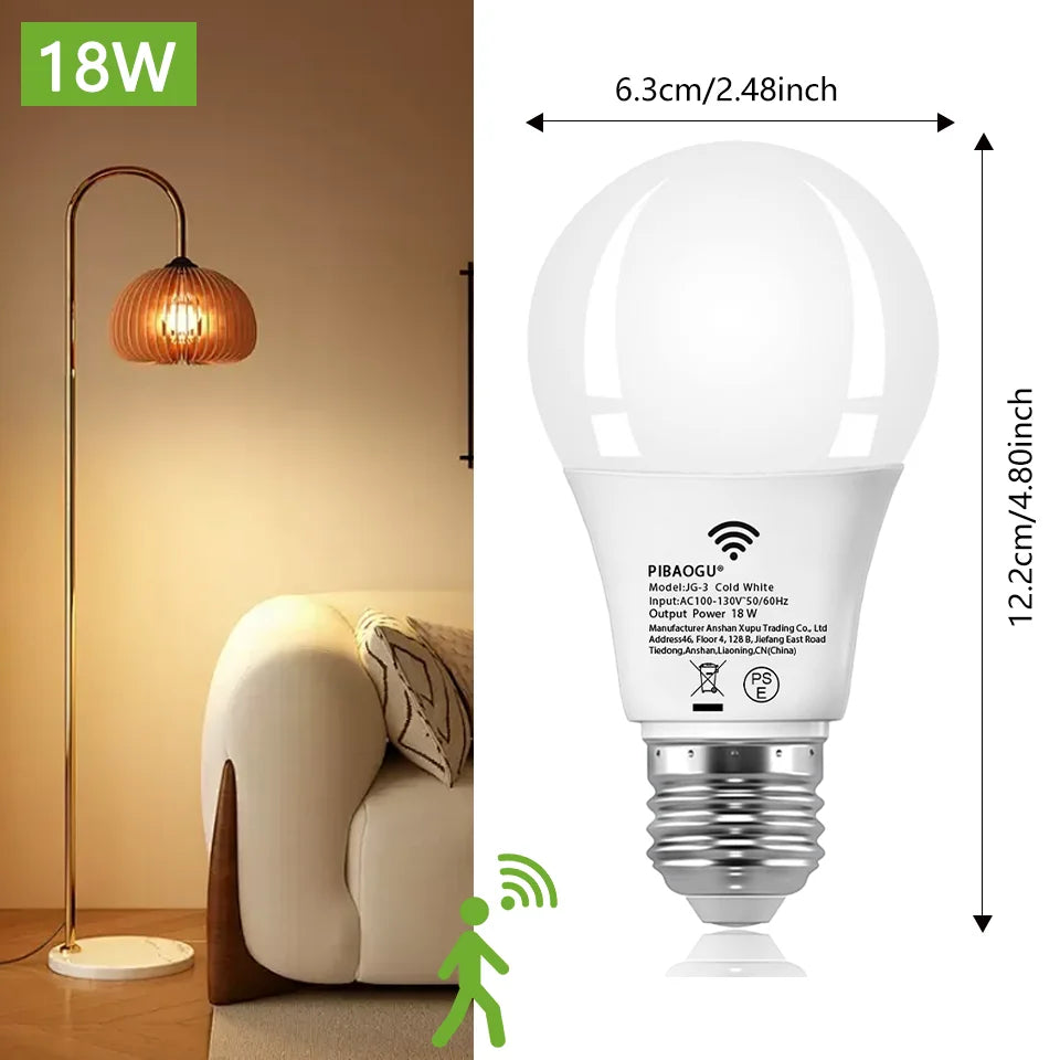 E26 Motion Sensor LED Bulb 18W 360° 3-6m Detection AC 110V Cool Warm White 3-Pack