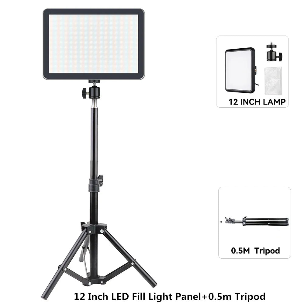 8/12 Inch LED Photography Video Panel Light 12W 15W 1700lm CRI 85+ 2800-7000K 5V USB-C Tripod