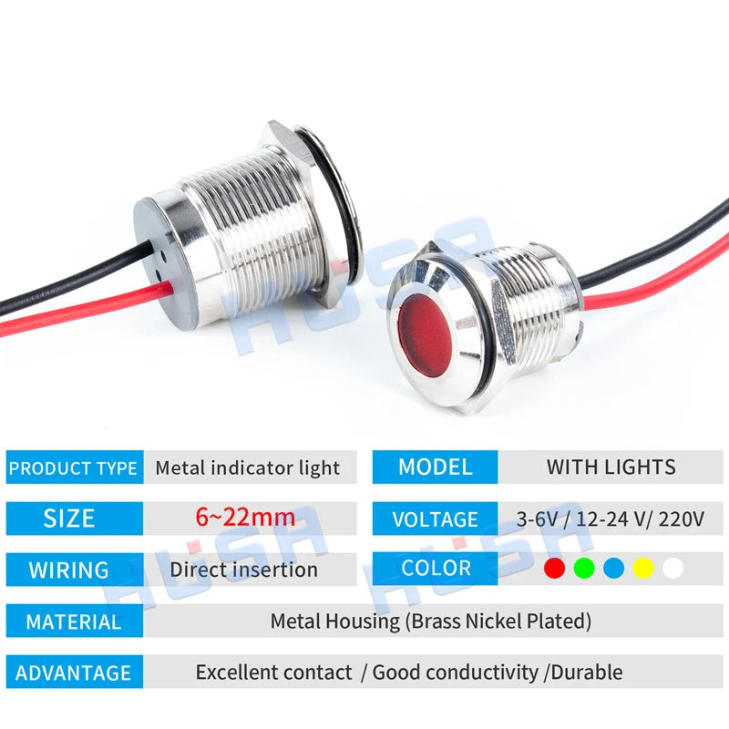 Metal LED Indicator Pilot Light Nickel Plated Brass 6mm 8mm 10mm 12mm 14mm 16mm 19mm 22mm IP65 Waterproof Panel Mount