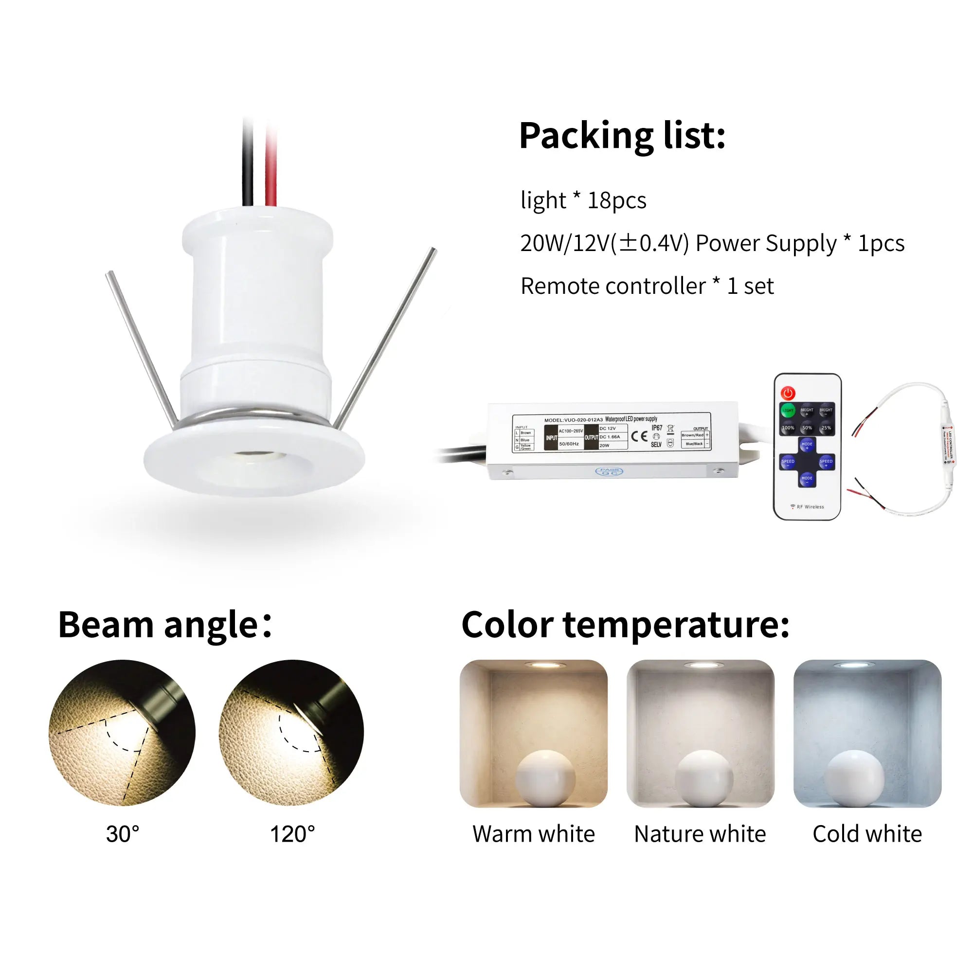 DC 12V Mini LED Spotlight Kit 1W 9-18 Pack Epistar IP65 15mm Cutout Dimmable Remote