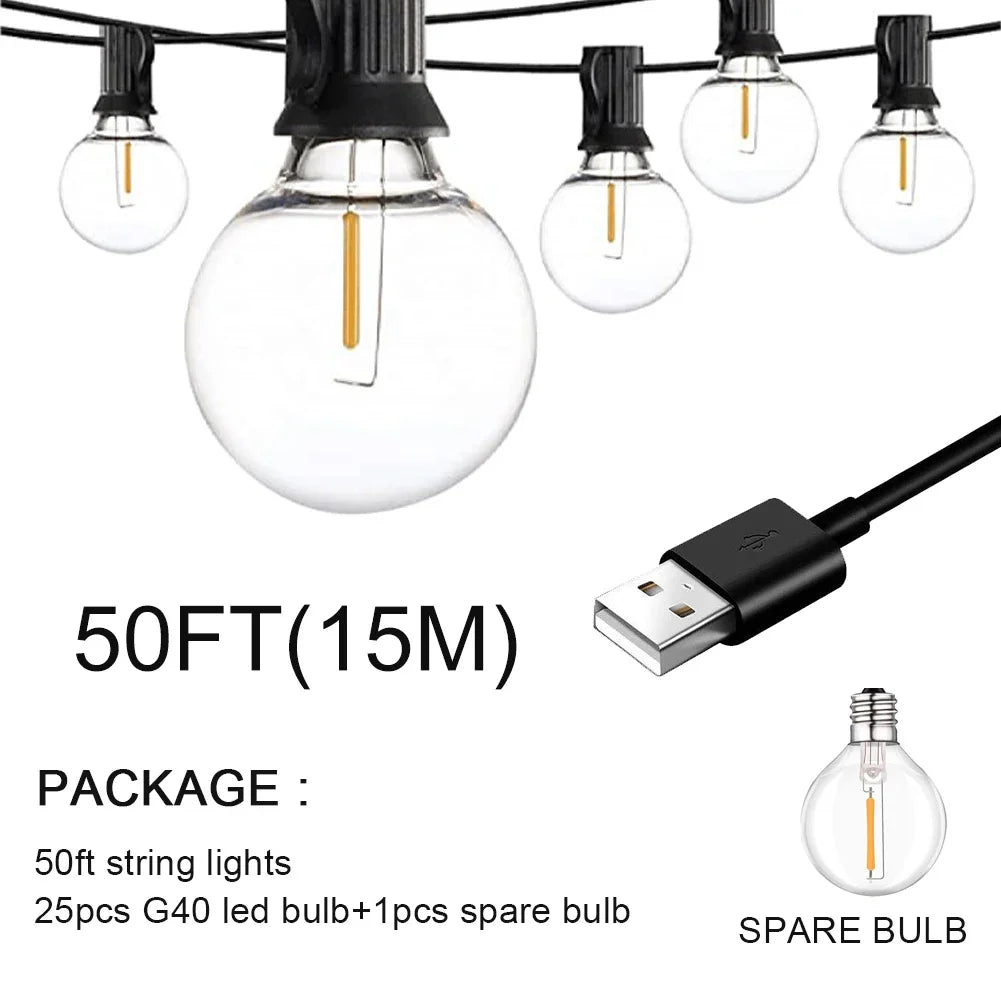 USB G40 LED String Light 1W 180lm/Bulb IP44 Warm White 25ft 50ft 100ft Patio Wedding