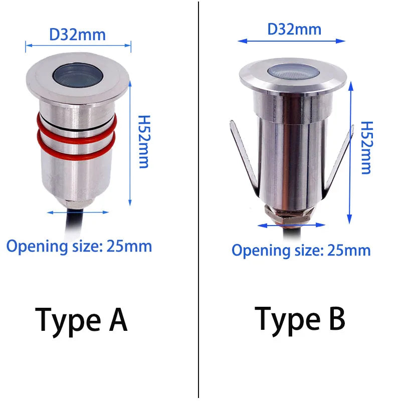 1W IP68 LED Underground Spotlight 304 Stainless Steel D32mm 25mm Cutout 30° CRI 90 DC 12-24V