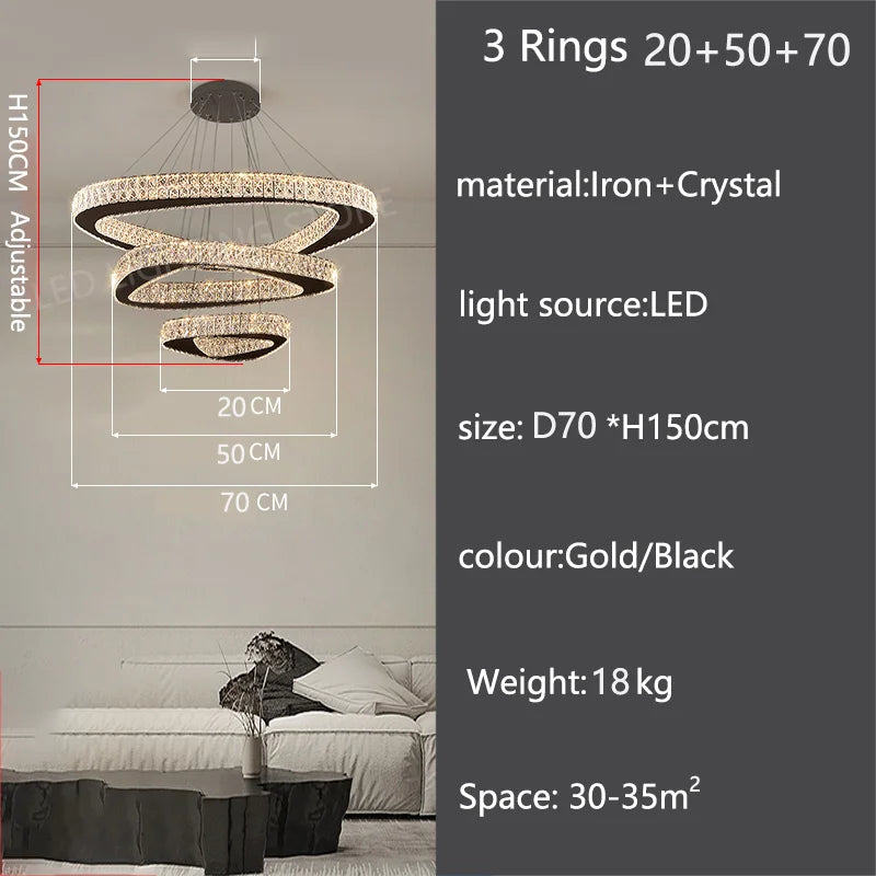 Modern Crystal LED Chandelier Stainless Steel Polished Cord Pendant Remote Control Dimmable AC 90-265V Villa Living Room Staircase