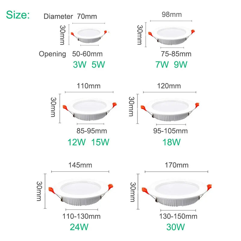 Dimmable LED Recessed Downlight 3W-30W 120° CRI 85+ 95-110lm/W White Black AC 85-265V