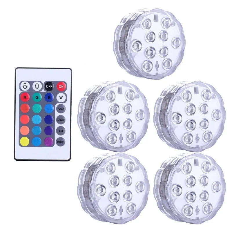 IP68 Submersible LED Pool Light 10 LED RGB 16 Colors Remote Control Battery Powered 2.4W Vase Fish Tank Pond Party 7x7x2.8cm