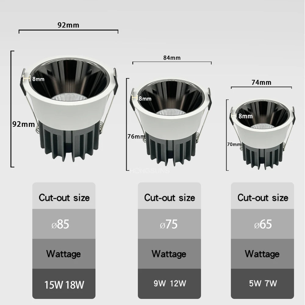 Dimmable COB LED Recessed Downlight 5W 7W 9W 12W 15W 18W CRI 95 120-130lm/W 85-265V
