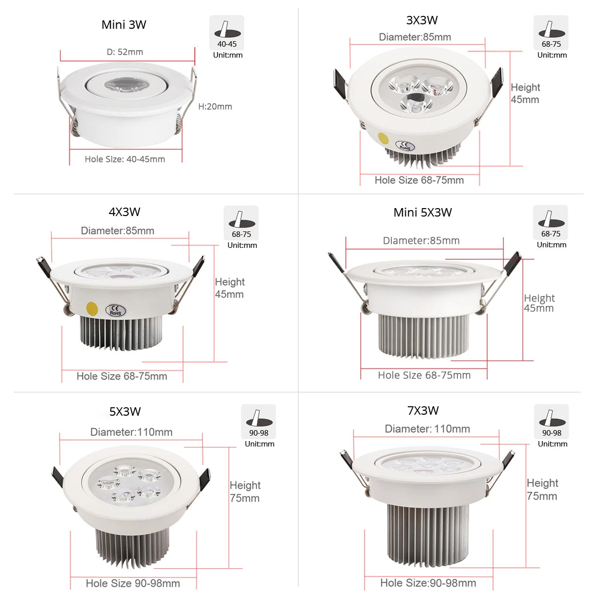 Multi-LED COB Recessed Downlight 9W-21W 30° Dimmable AC 110-220V White Black Silver 68-98mm