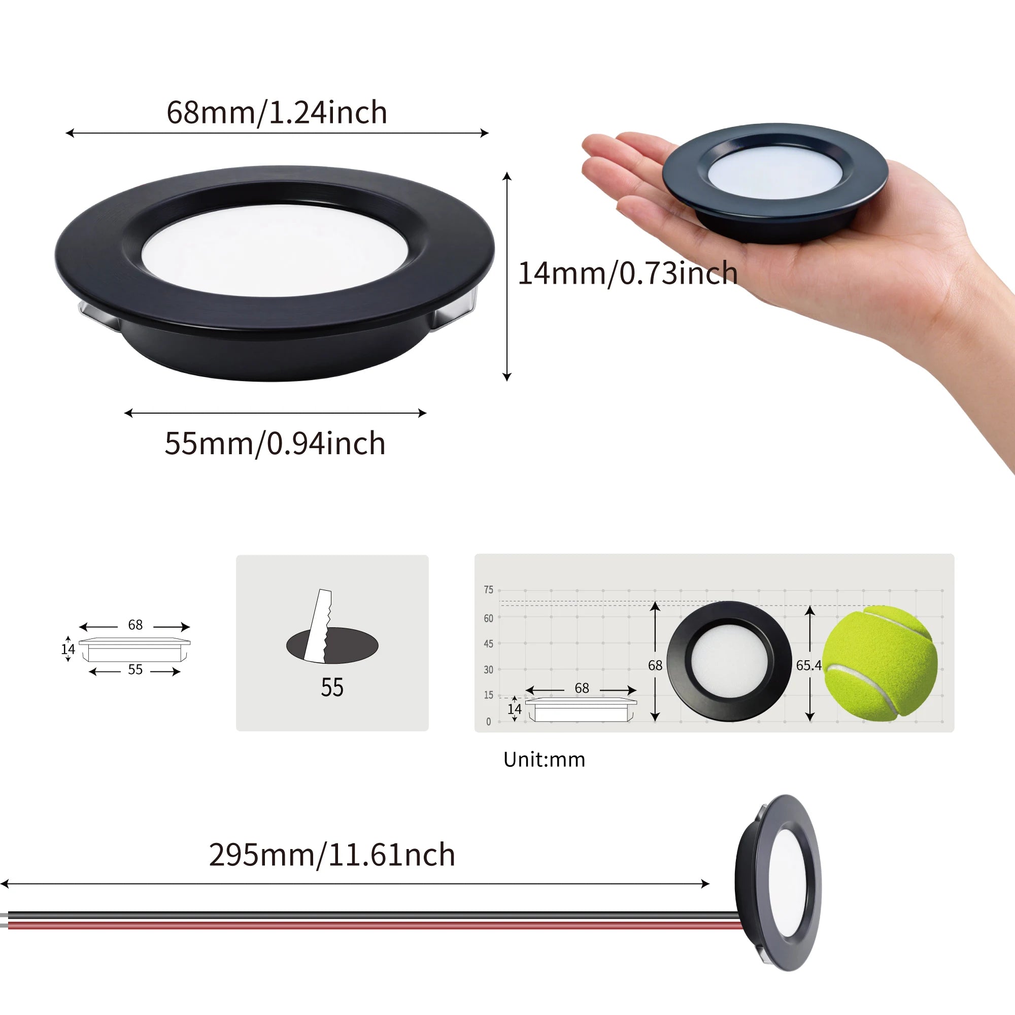 3W Mini LED Recessed Spotlight D68mm 55mm Cutout 120° CRI 80 IP52 DC 12-24V Aluminum