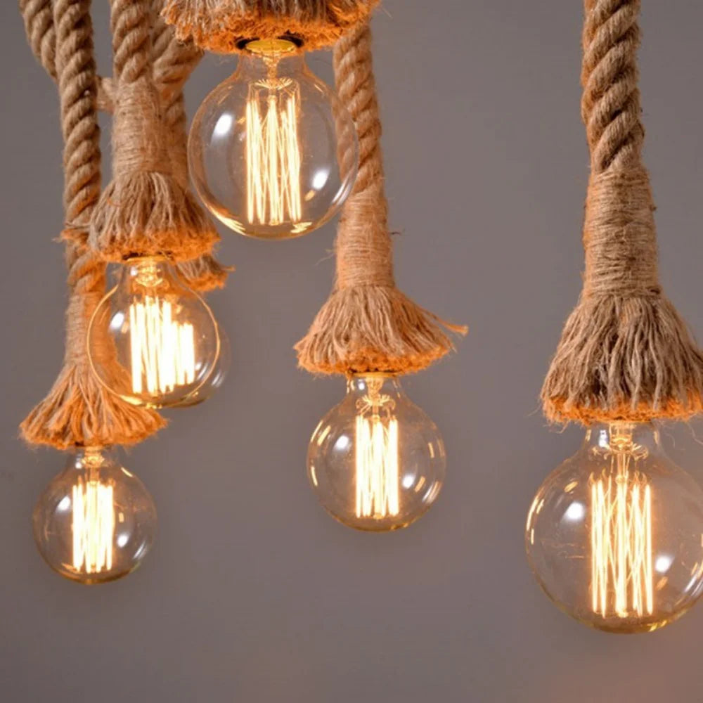 Vintage Hand Knitted Hemp Rope Pendant Light E26 Single and Double Head Cord Pendant AC 90-260V Bedroom Cafe Bar