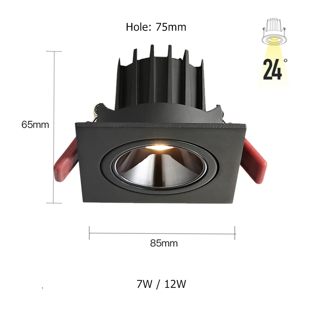 Dimmable Anti-Glare Adjustable Beam COB LED Recessed Downlight 7W 12W CRI 90+ 85-265V