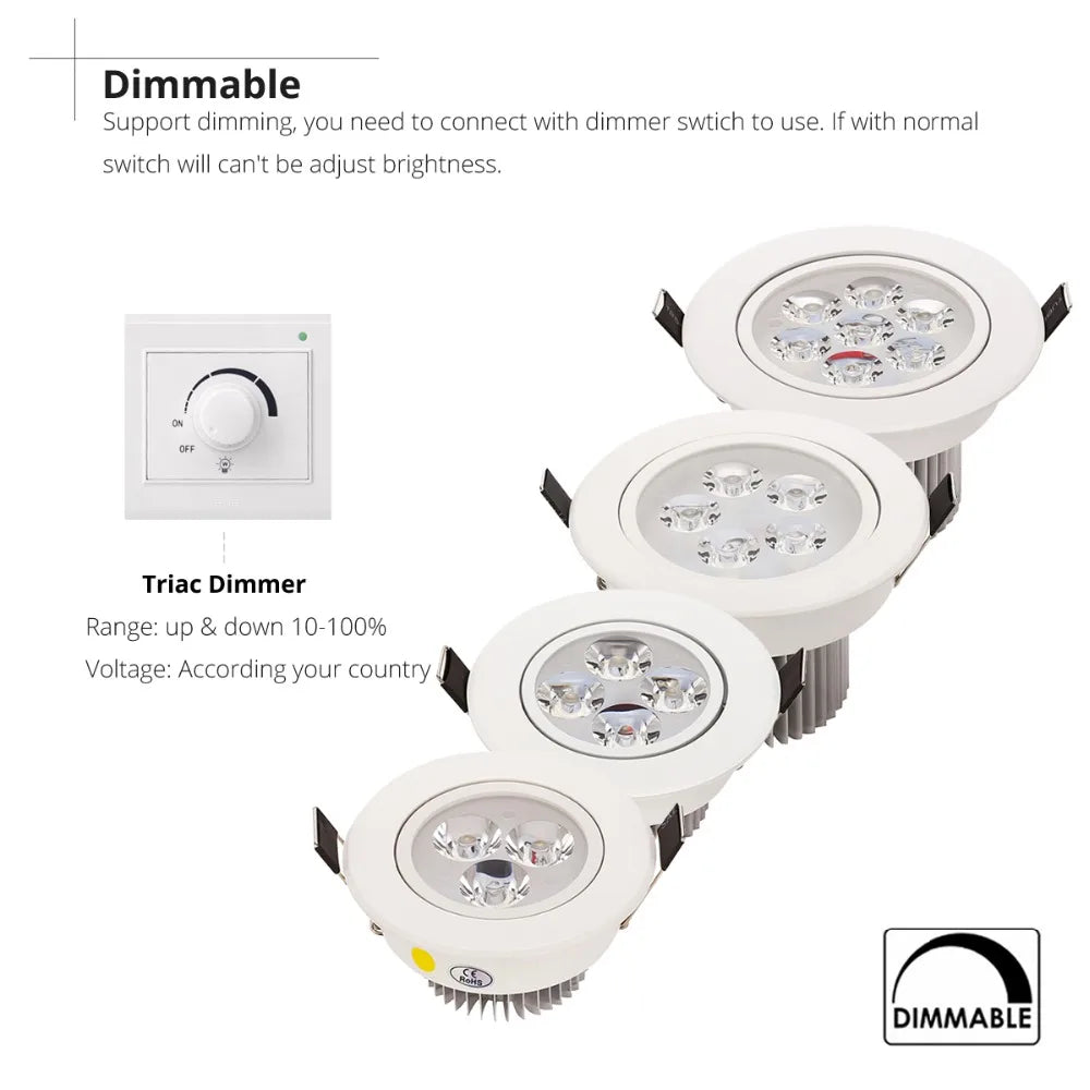 LED Recessed Downlight 9W 12W 15W 21W Aluminum 30 Degree Dimmable Knob Switch AC 110V 220V Warm White Natural White Cool White White 68-75mm Cutout