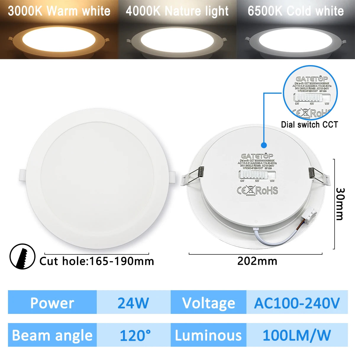 3-CCT LED Recessed Downlight 3000K 4000K 6500K Dial Switch AC 110-240V 1-10 Pack