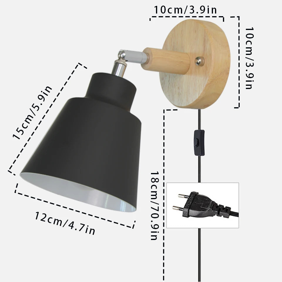 Nordic Wooden E26 E27 Wall Lamp 350-Degree Rotatable 6 Colors EU UL Plug Bedroom Living Room