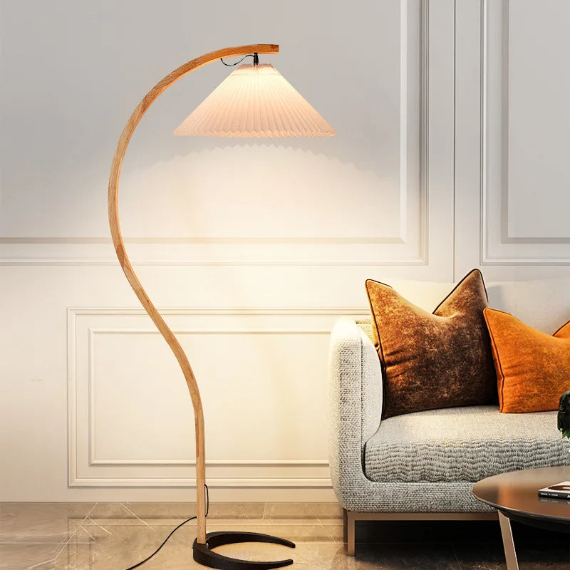 Nordic Solid Wood Pleated Fabric LED Floor Lamp E26 Dimmable Remote Control AC 90-260V D32 x H150cm Living Room Bedroom Study