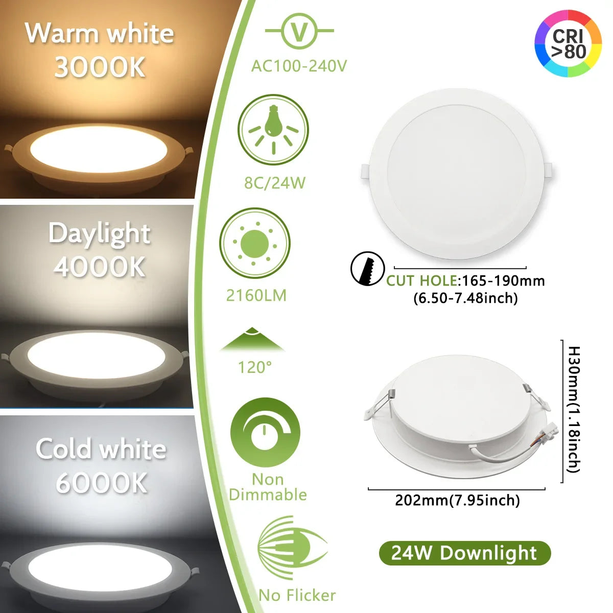 2-Pack LED Recessed Downlight 6W-24W 3-CCT AC 100-240V Ceiling Spot Warm Natural Cool White