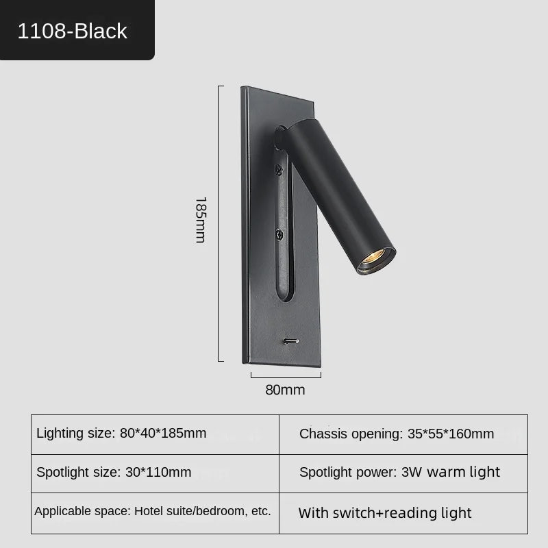 Recessed LED Reading Wall Lamp 3W 35 Degree USB 5V 2.1A Charging Port Toggle Switch Aluminum 80 x 40 x 185mm AC 85-265V Bedroom Hotel Black Copper