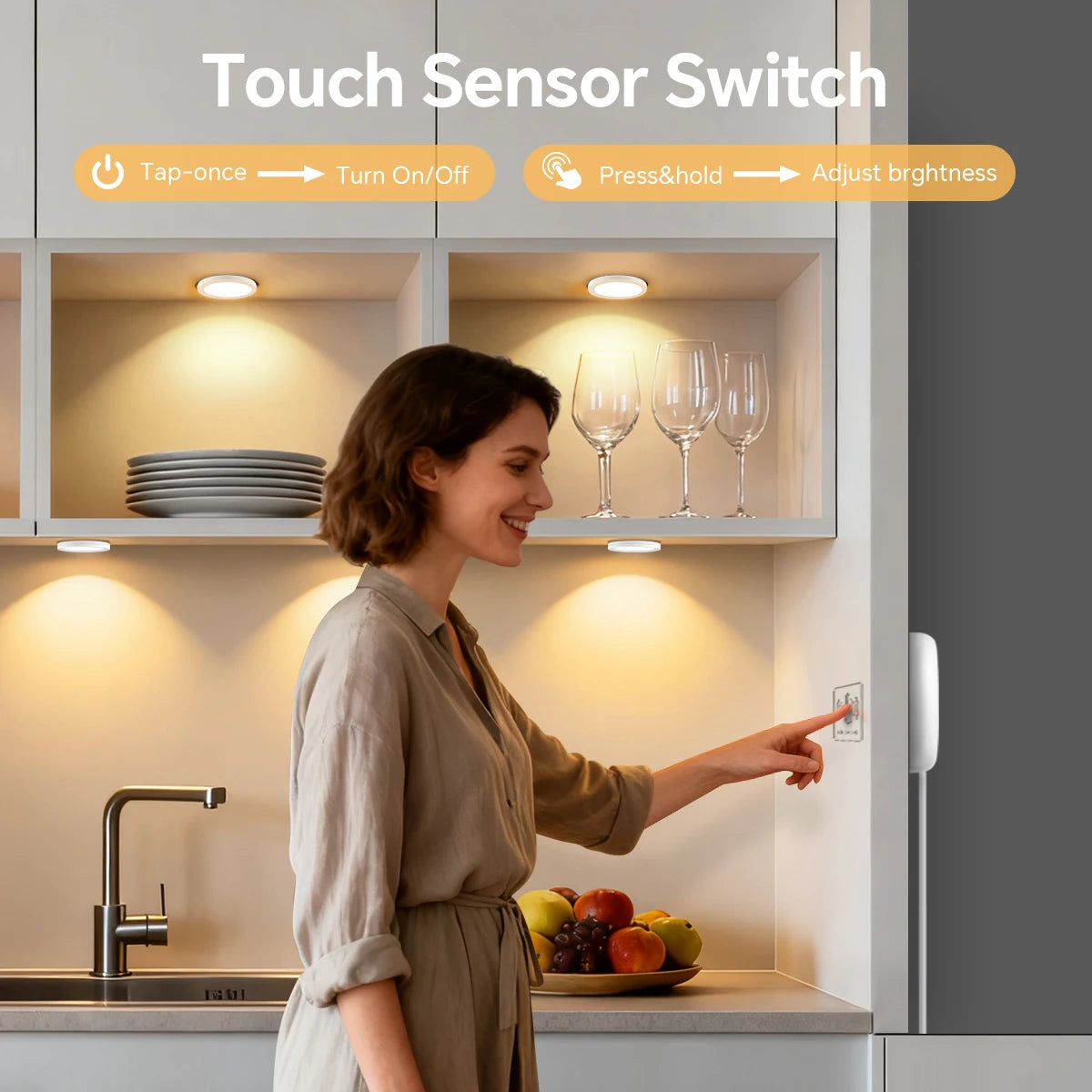 5W 12V Ultra-Thin LED Cabinet Puck Light Dimmable Touch Sensor Through-Wood AC 100-240V
