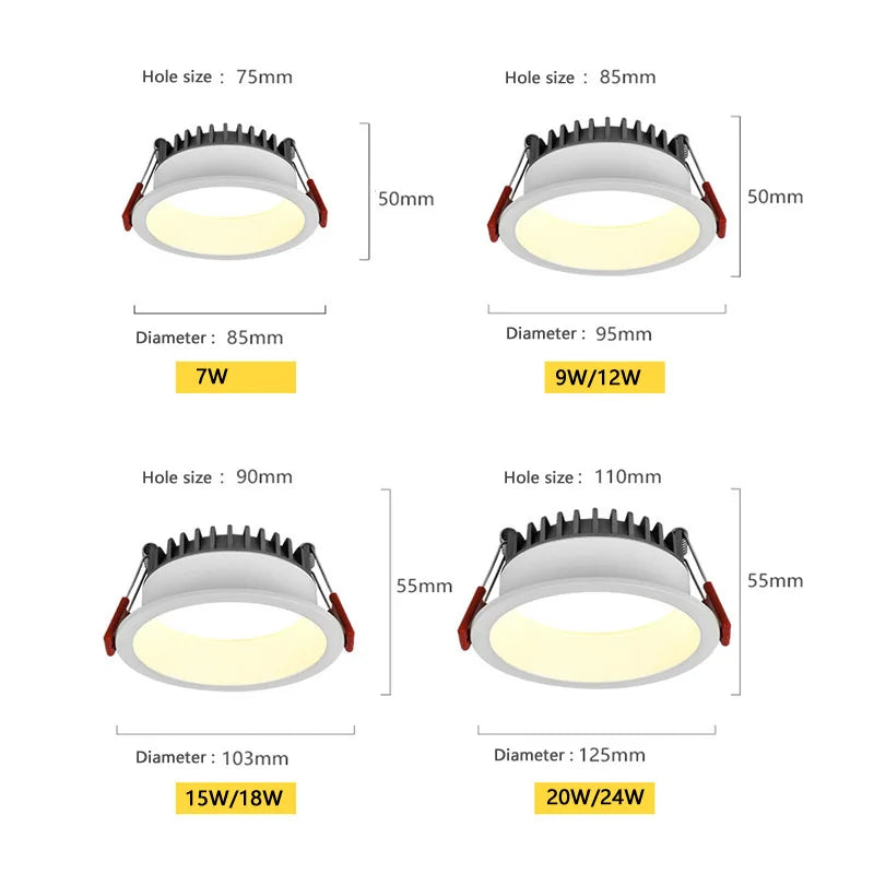 Dimmable Anti-Glare LED Recessed Downlight 7W 9W 12W 15W 18W 20W 24W CRI 90+ 80° AC 85-265V