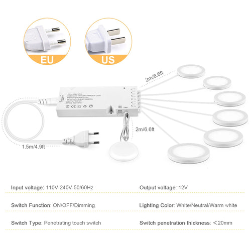 5W 12V Ultra-Thin LED Cabinet Puck Light Dimmable Touch Sensor Through-Wood AC 100-240V