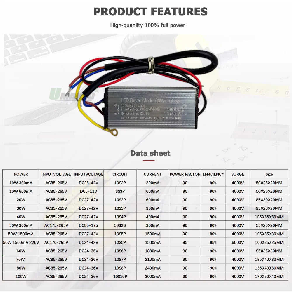 IP65 Waterproof LED Driver 10W 20W 30W 50W 60W 70W 80W 100W AC 85-265V DC 6-175V Floodlight