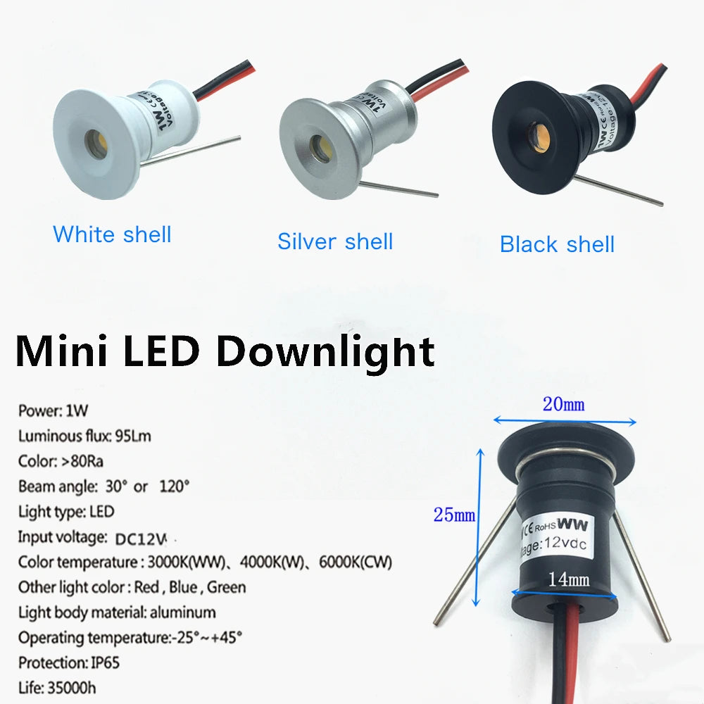 1W DC 12V Mini LED Recessed Spotlight IP65 D20mm 15mm Cutout 30° 120° Dimmable 7-Color