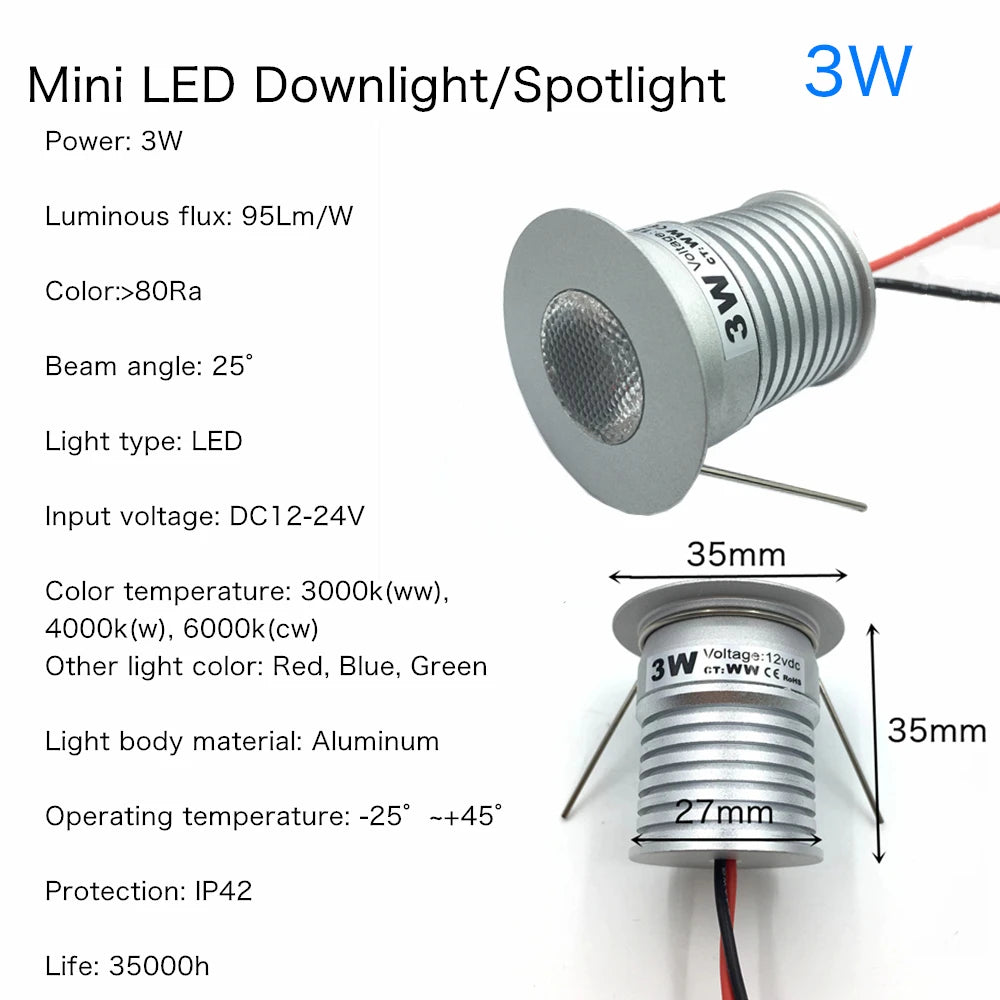 IP65 Mini LED Recessed Downlight 1W 3W DC 12V 90 lm/W 25 30 60 or 120 Degree Aluminum Silver Warm White Natural White Cool White Red Green Blue RGB Cabinet Stair